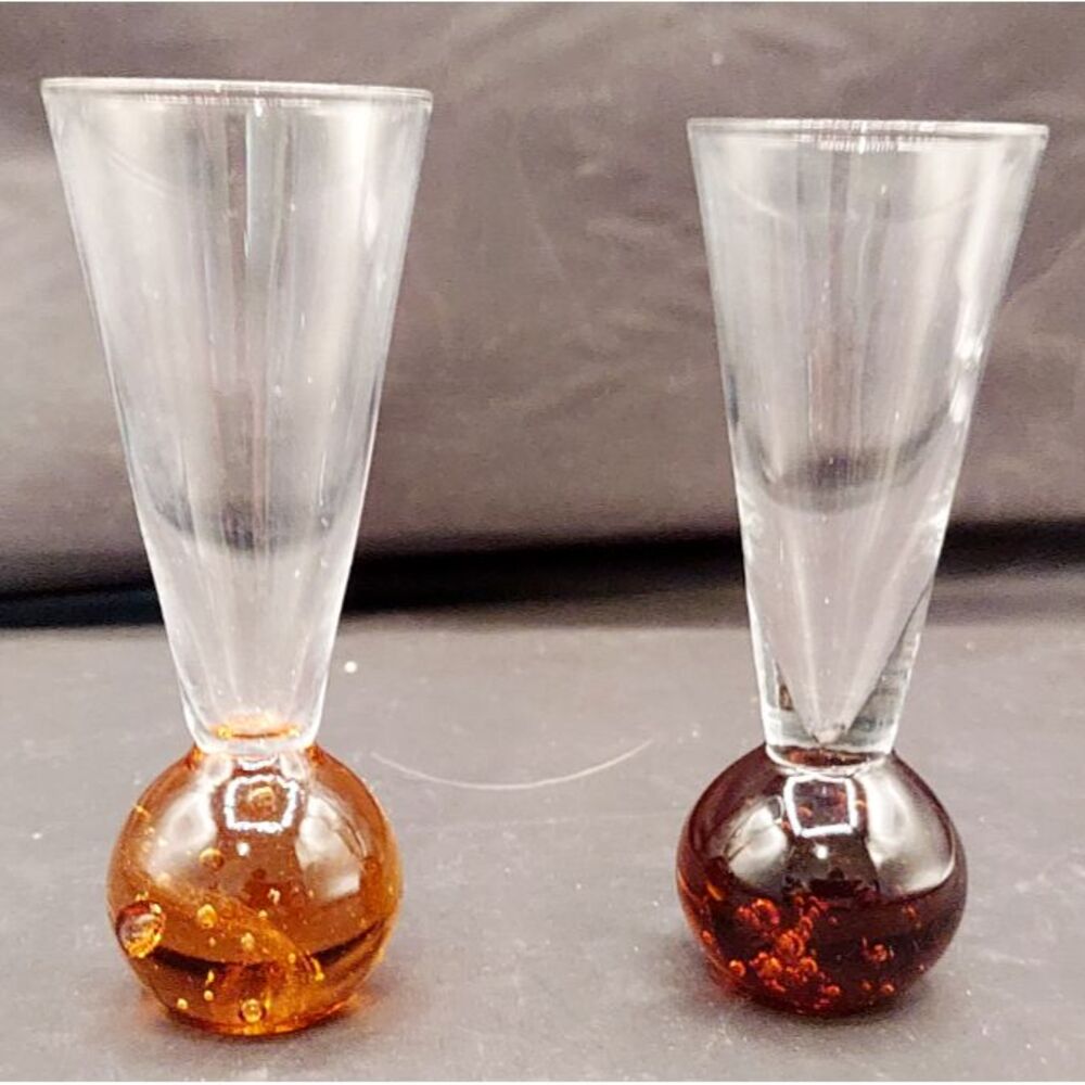 Handblown Cordial Shot Glasses Set Of 2 Ball Bottom Base Orange‎ & Red 4.5 In
